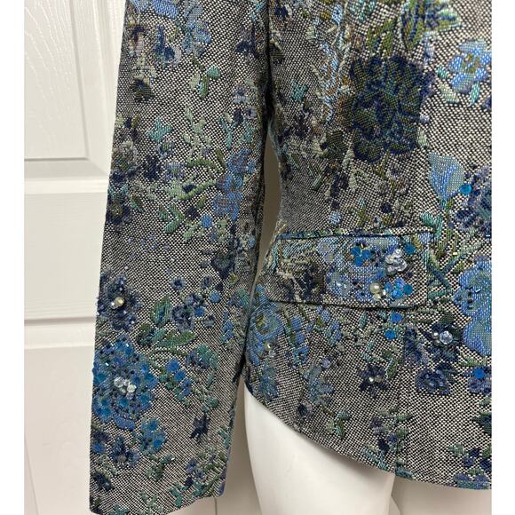 Lovely by Mitchell Gross Women's Blue Floral Tweed Embellished Blazer Size 6 NWT - Picture 3 of 10